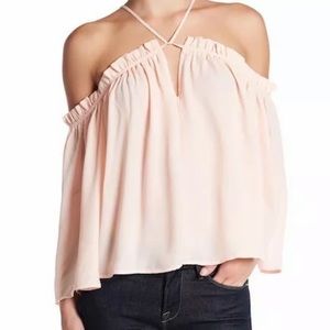 Peach blouse off the shoulder ruffle trim Small